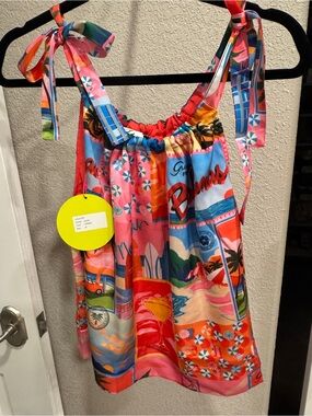 Vibrant Tropical Print Tie-Shoulder vacation ready blouse, size M, NWT